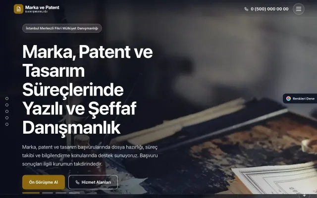 Patent ve Marka Danışmanlığı için Tam Ekran Lacivert Amber – Patent ve Marka Danışmanlığı Web Sitesi ana sayfa görünümü