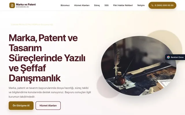 Patent ve Marka Danışmanlığı için Tek Sayfa Bordo Amber – Patent ve Marka Danışmanlığı Web Sitesi ana sayfa görünümü