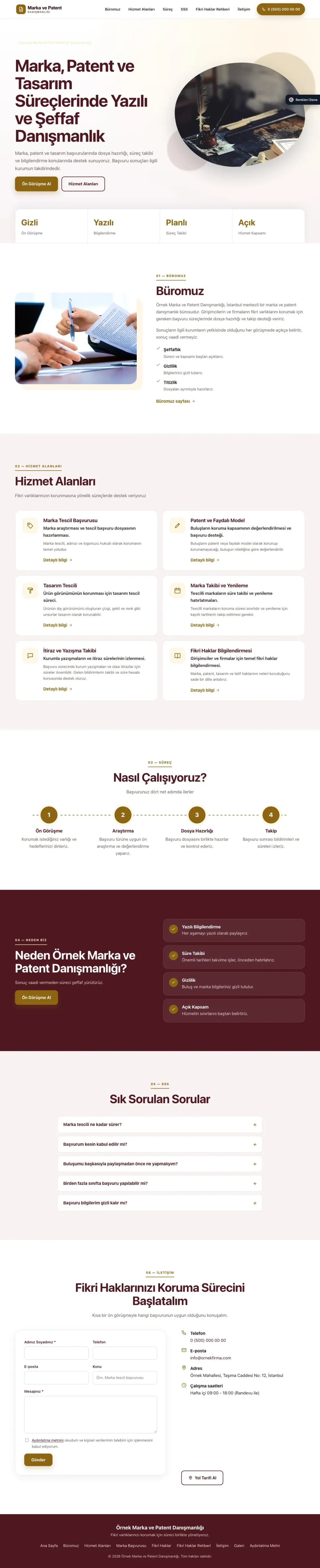 Patent ve Marka Danışmanlığı için Tek Sayfa Bordo Amber – Patent ve Marka Danışmanlığı Web Sitesi ana sayfa görünümü