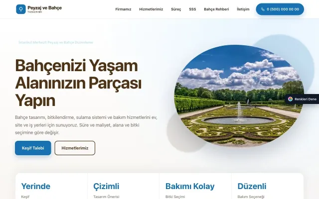 Peyzaj için Tek Sayfa Kahve Mavi – Peyzaj Web Sitesi ana sayfa görünümü