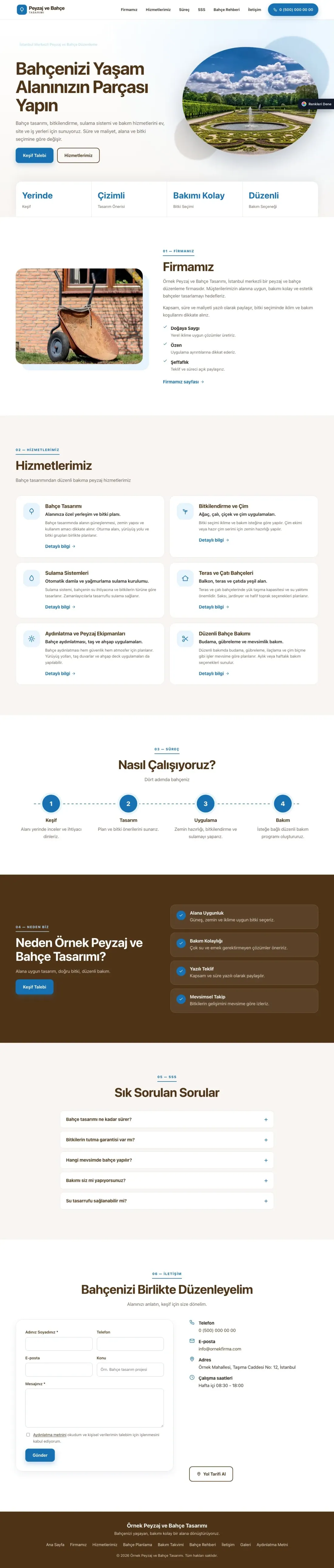 Peyzaj için Tek Sayfa Kahve Mavi – Peyzaj Web Sitesi ana sayfa görünümü