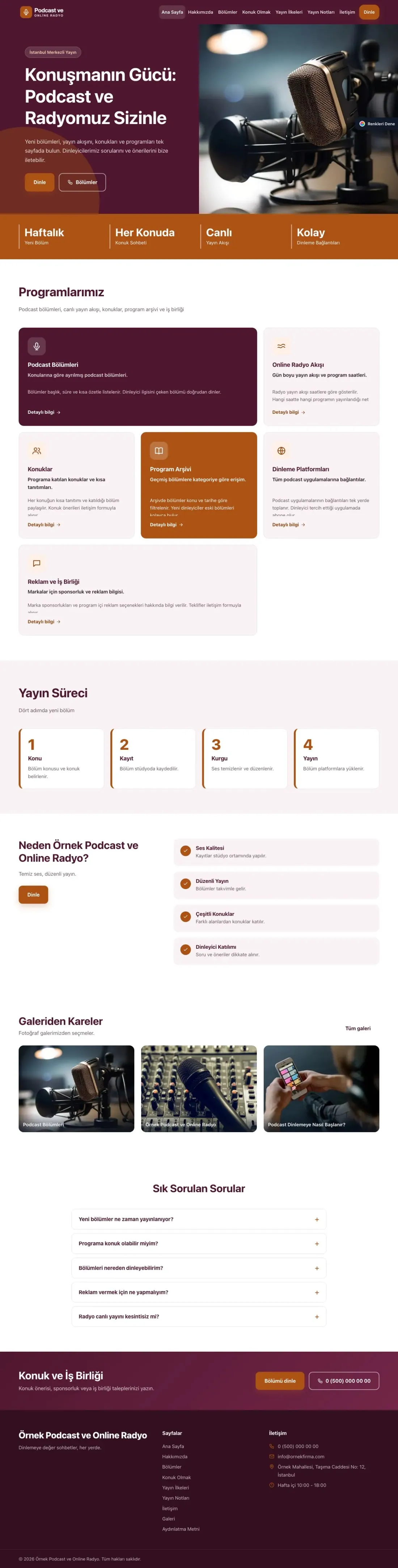 Podcast ve Radyo için Blok Erik Turuncu – Podcast ve Radyo Web Sitesi ana sayfa görünümü