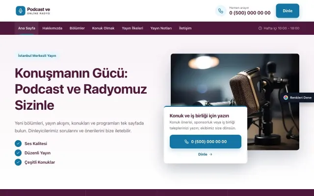 Podcast ve Radyo için Bölünmüş Erik Mavi – Podcast ve Radyo Web Sitesi ana sayfa görünümü