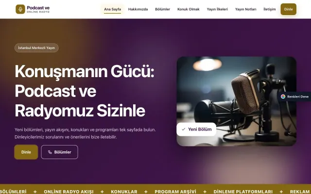 Podcast ve Radyo için Hareketli Mor Amber – Podcast ve Radyo Web Sitesi ana sayfa görünümü