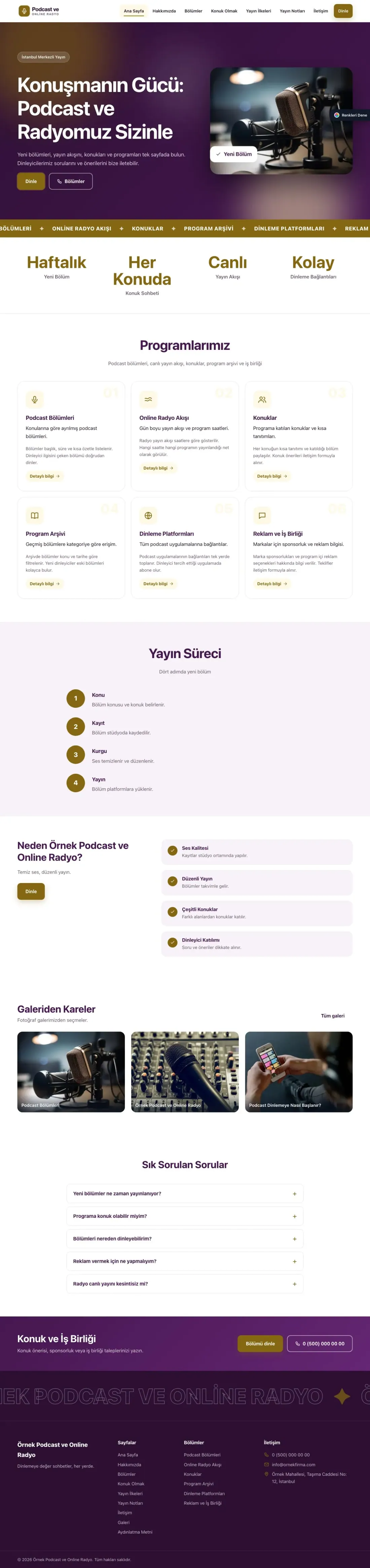 Podcast ve Radyo için Hareketli Mor Amber – Podcast ve Radyo Web Sitesi ana sayfa görünümü