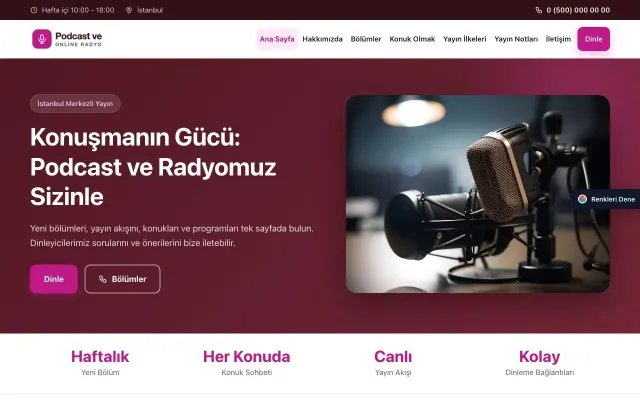 Podcast ve Radyo için Klasik Bordo Pembe – Podcast ve Radyo Web Sitesi ana sayfa görünümü