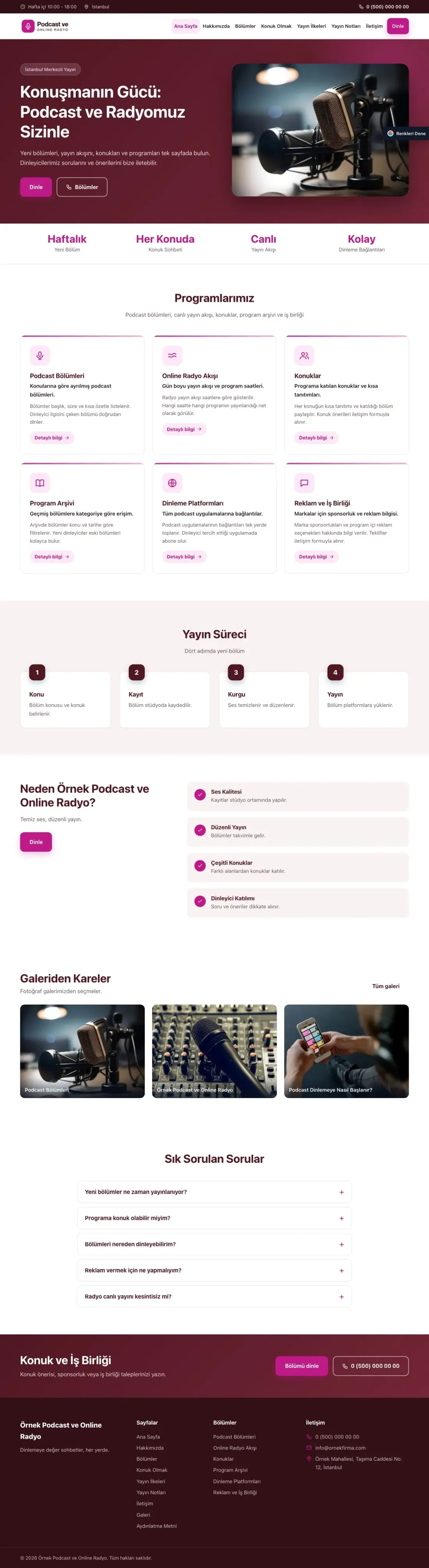 Podcast ve Radyo için Klasik Bordo Pembe – Podcast ve Radyo Web Sitesi ana sayfa görünümü