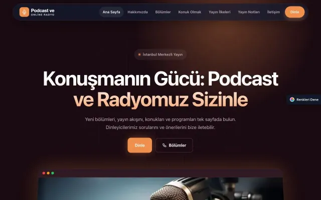 Podcast ve Radyo için Koyu Modern Erik Turuncu – Podcast ve Radyo Web Sitesi ana sayfa görünümü