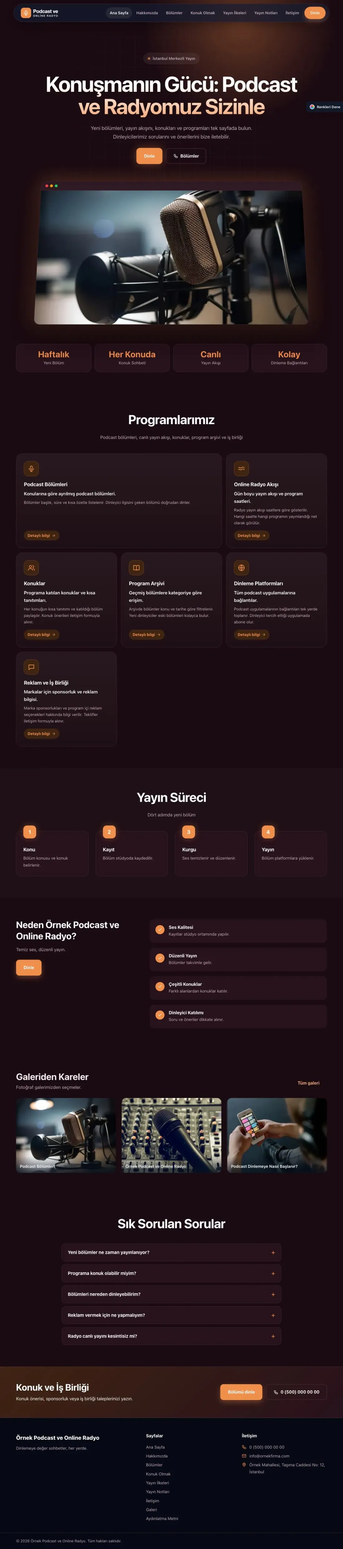Podcast ve Radyo için Koyu Modern Erik Turuncu – Podcast ve Radyo Web Sitesi ana sayfa görünümü