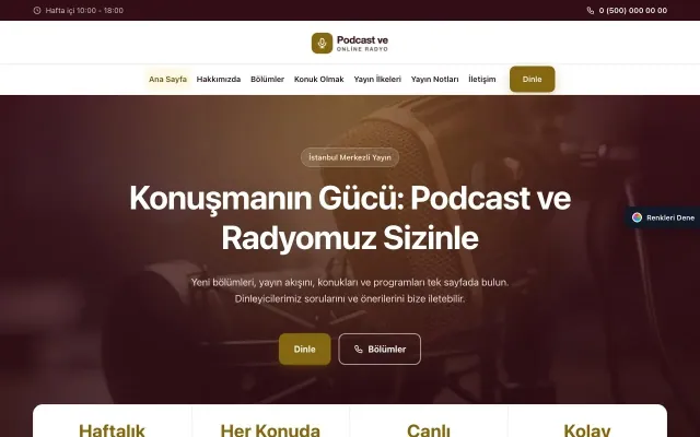 Podcast ve Radyo için Merkez Bordo Amber – Podcast ve Radyo Web Sitesi ana sayfa görünümü