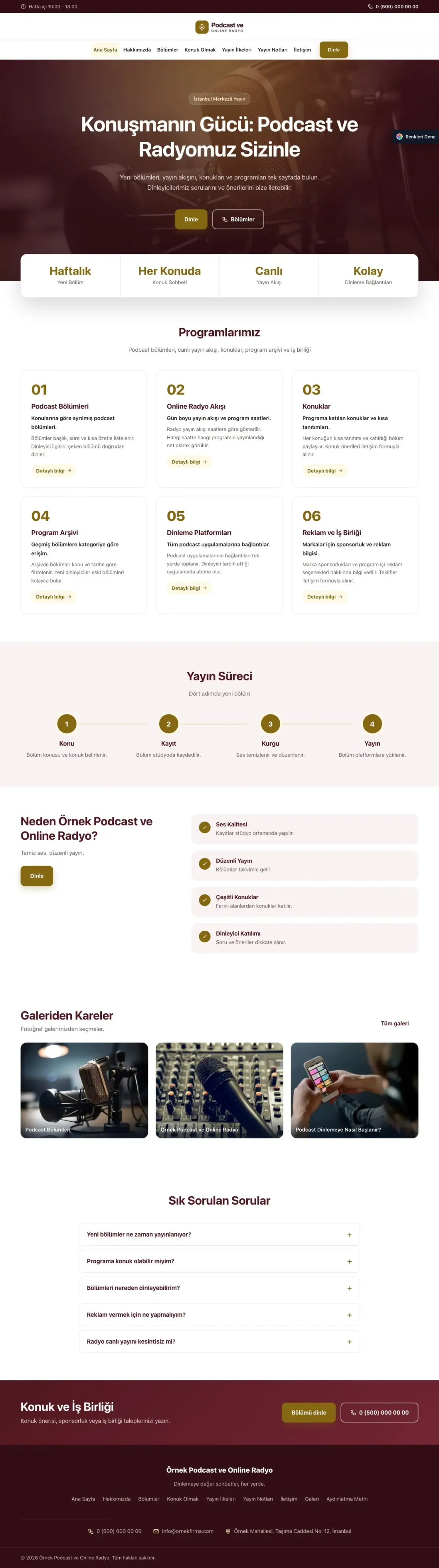 Podcast ve Radyo için Merkez Bordo Amber – Podcast ve Radyo Web Sitesi ana sayfa görünümü