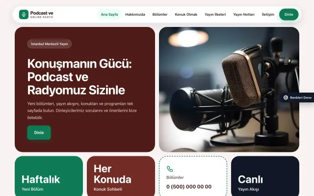 Podcast ve Radyo için Mozaik Bordo Turkuaz – Podcast ve Radyo Web Sitesi ana sayfa görünümü
