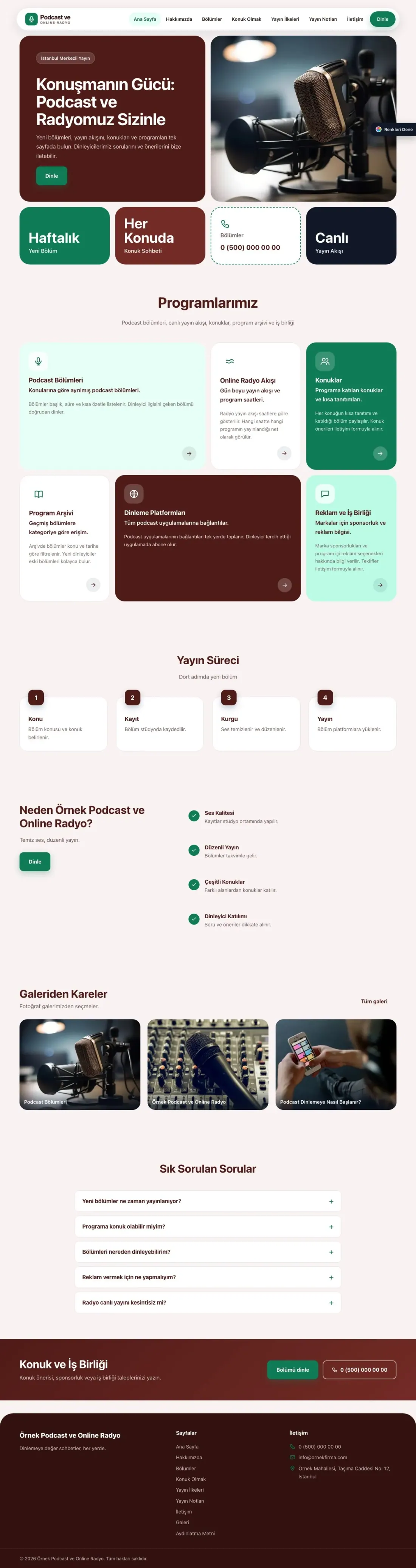 Podcast ve Radyo için Mozaik Bordo Turkuaz – Podcast ve Radyo Web Sitesi ana sayfa görünümü