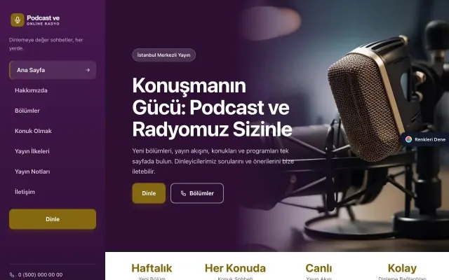 Podcast ve Radyo için Sol Menü Mor Amber – Podcast ve Radyo Web Sitesi ana sayfa görünümü