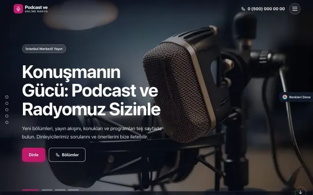 Podcast ve Radyo için Tam Ekran Kahve Pembe – Podcast ve Radyo Web Sitesi ana sayfa görünümü
