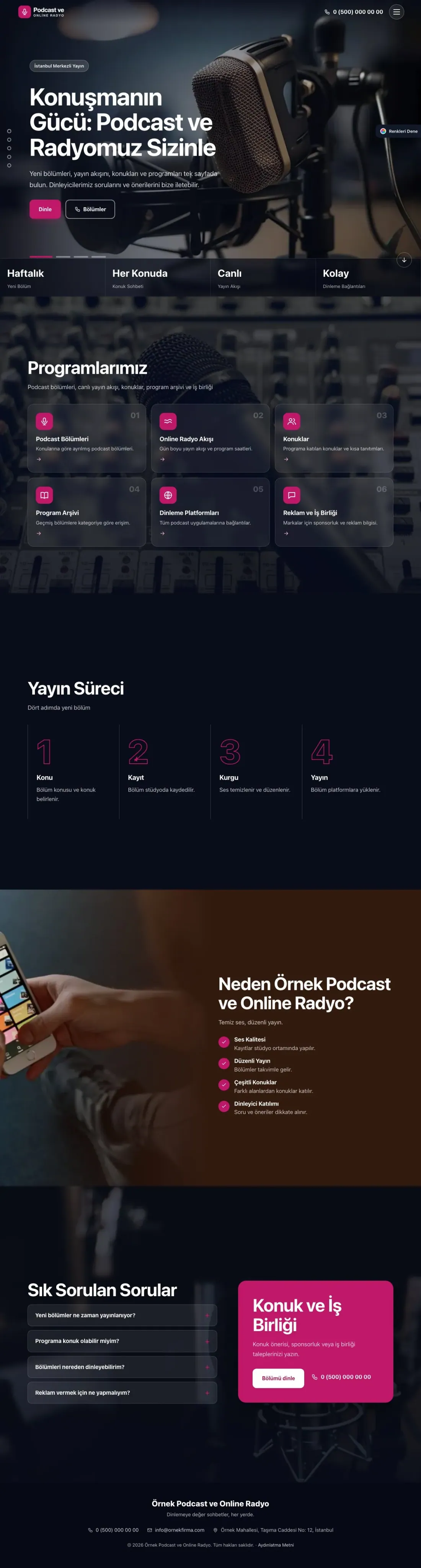 Podcast ve Radyo için Tam Ekran Kahve Pembe – Podcast ve Radyo Web Sitesi ana sayfa görünümü