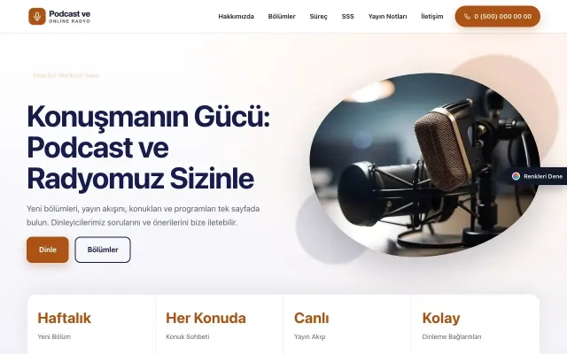Podcast ve Radyo için Tek Sayfa Lacivert Turuncu – Podcast ve Radyo Web Sitesi ana sayfa görünümü