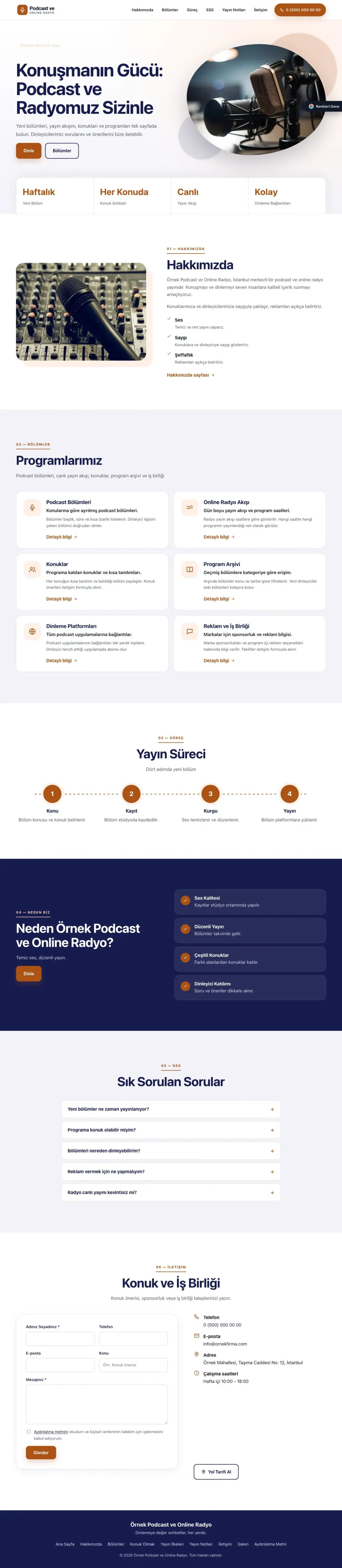 Podcast ve Radyo için Tek Sayfa Lacivert Turuncu – Podcast ve Radyo Web Sitesi ana sayfa görünümü