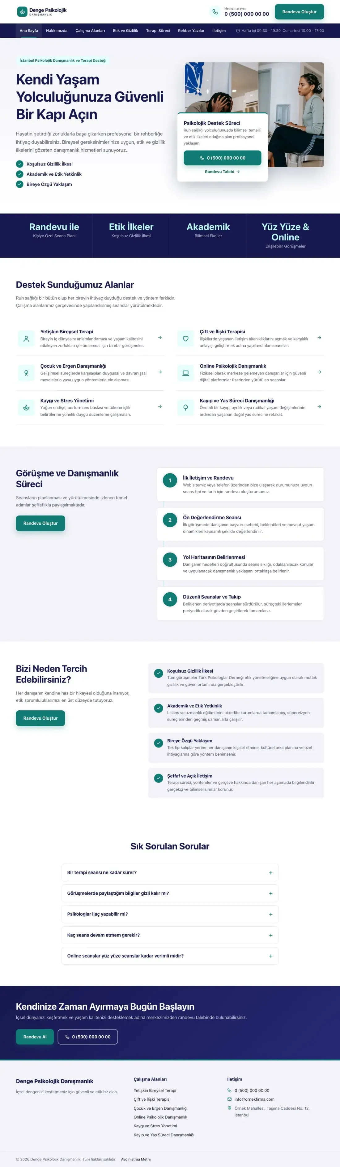 Bölünmüş Lacivert Turkuaz – Psikolog Web Sitesi ana sayfa görünümü