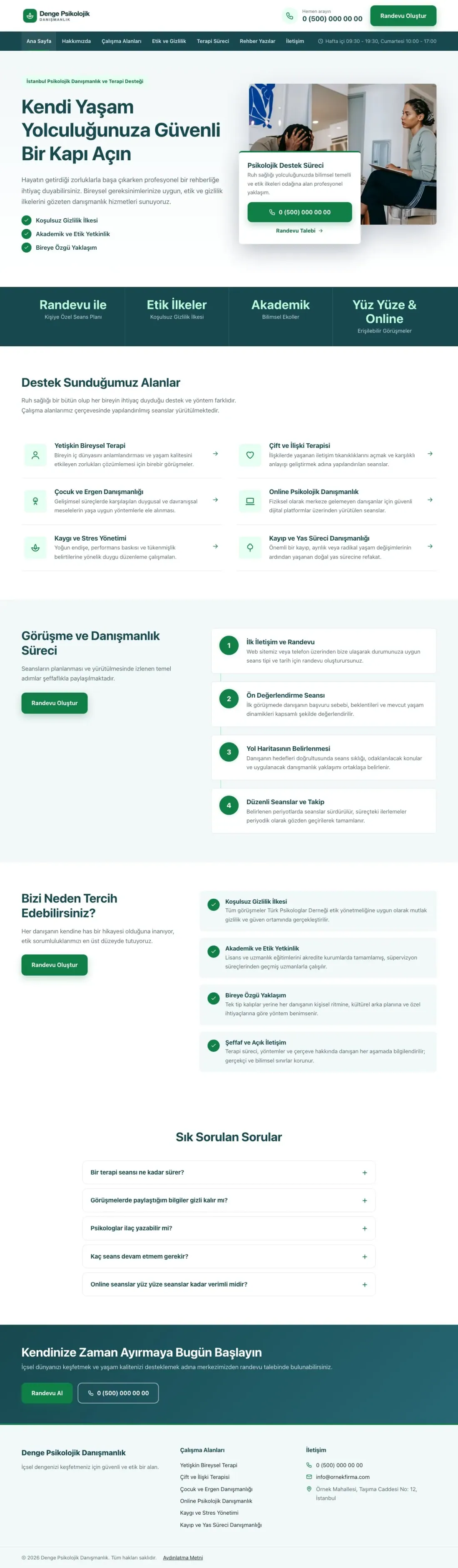 Bölünmüş Petrol Yeşil – Psikolog Web Sitesi ana sayfa görünümü