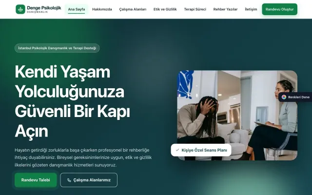Psikolog için Hareketli Petrol Yeşil – Psikolog Web Sitesi ana sayfa görünümü