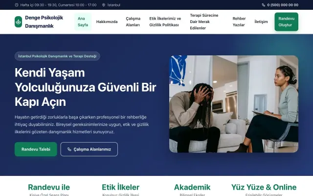 Psikolog için Klasik Lacivert Turkuaz – Psikolog Web Sitesi ana sayfa görünümü