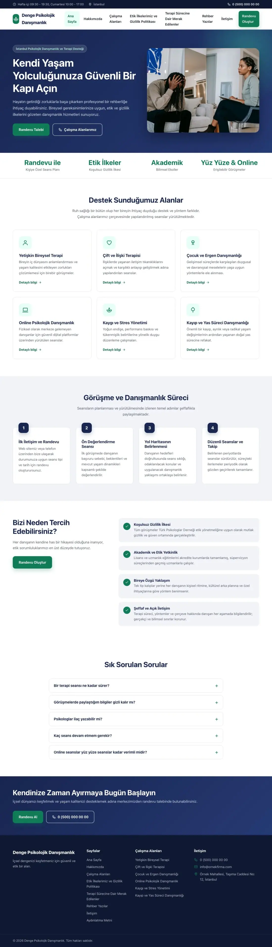 Psikolog için Klasik Lacivert Turkuaz – Psikolog Web Sitesi ana sayfa görünümü