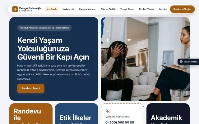 Psikolog için Mozaik Mavi Turuncu – Psikolog Web Sitesi ana sayfa görünümü