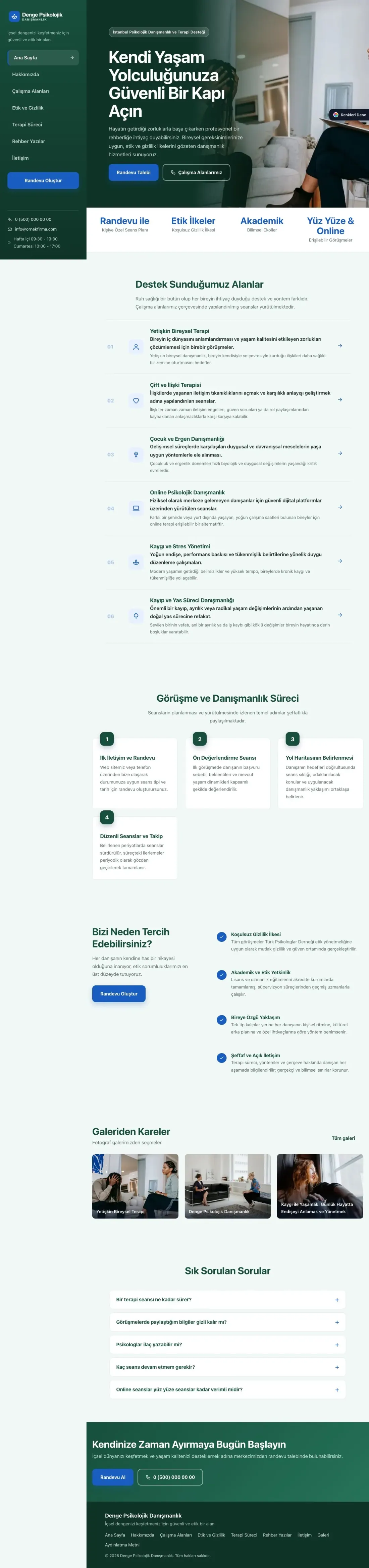 Psikolog için Sol Menü Petrol Mavi – Psikolog Web Sitesi ana sayfa görünümü