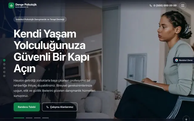 Psikolog için Tam Ekran Petrol Yeşil – Psikolog Web Sitesi ana sayfa görünümü