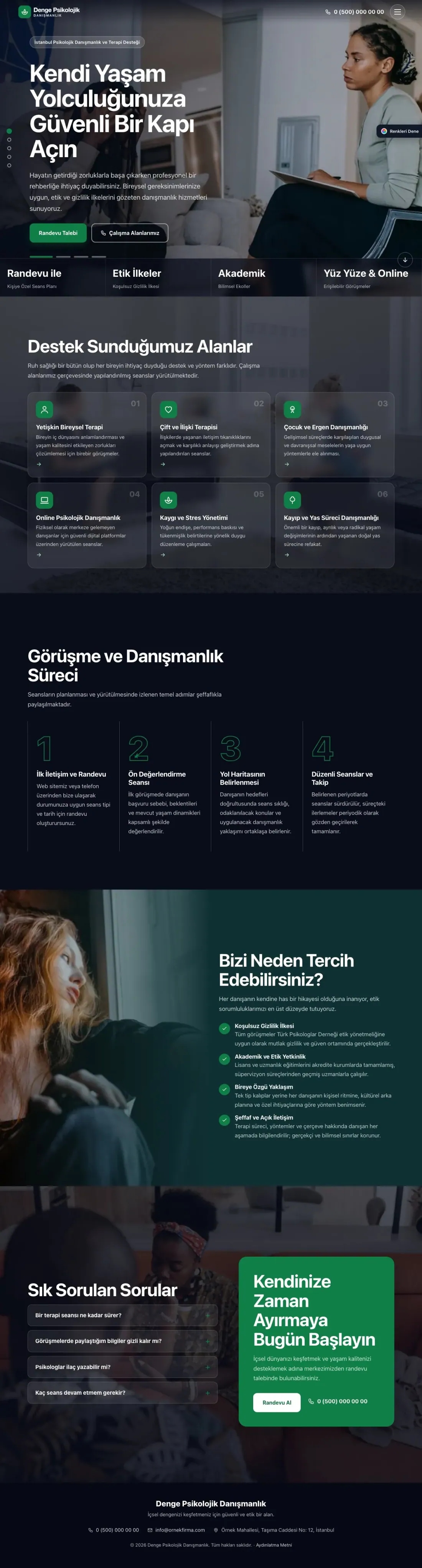 Psikolog için Tam Ekran Petrol Yeşil – Psikolog Web Sitesi ana sayfa görünümü