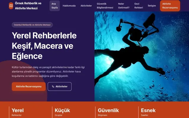Rehber ve Aktivite için Blok Lacivert Turuncu – Rehber ve Aktivite Web Sitesi ana sayfa görünümü