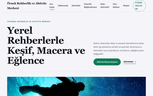 Rehber ve Aktivite için Editoryal Lacivert Turkuaz – Rehber ve Aktivite Web Sitesi ana sayfa görünümü