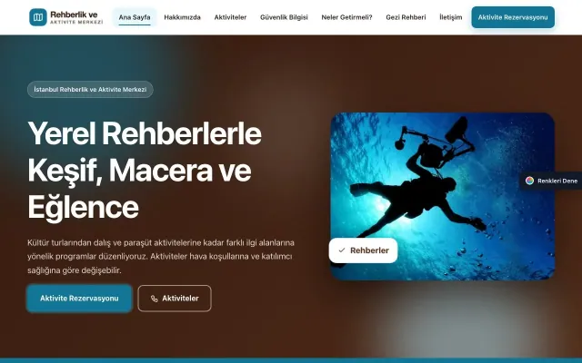 Rehber ve Aktivite için Hareketli Kahve Turkuaz – Rehber ve Aktivite Web Sitesi ana sayfa görünümü