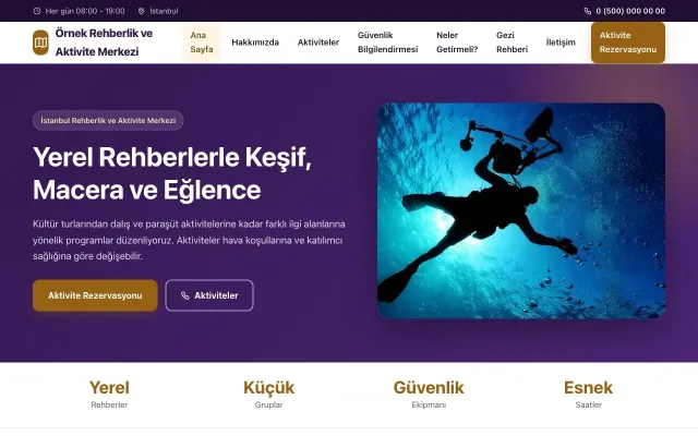 Rehber ve Aktivite için Klasik Mor Turuncu – Rehber ve Aktivite Web Sitesi ana sayfa görünümü