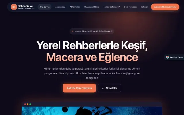 Rehber ve Aktivite için Koyu Modern Lacivert Turuncu – Rehber ve Aktivite Web Sitesi ana sayfa görünümü
