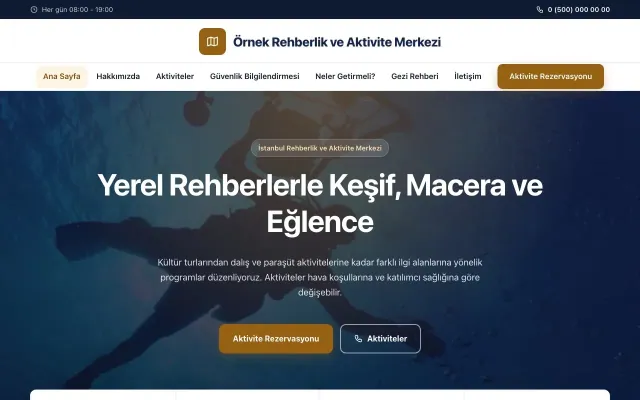 Rehber ve Aktivite için Merkez Mavi Turuncu – Rehber ve Aktivite Web Sitesi ana sayfa görünümü
