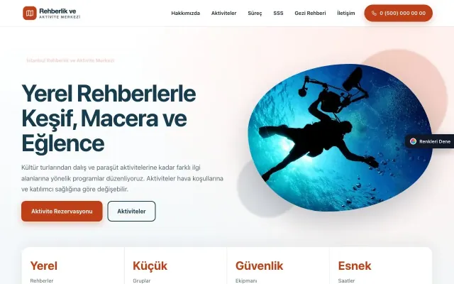 Rehber ve Aktivite için Tek Sayfa Mavi Turuncu – Rehber ve Aktivite Web Sitesi ana sayfa görünümü