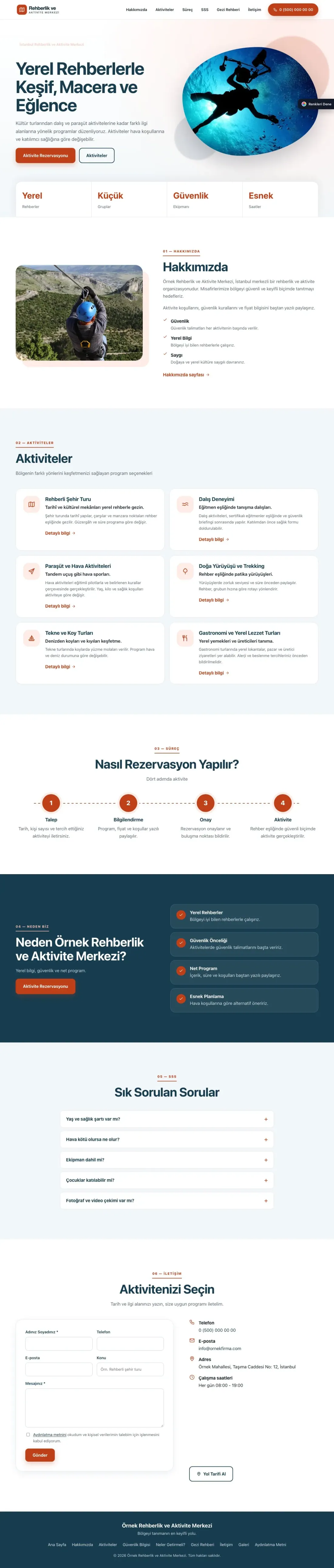 Rehber ve Aktivite için Tek Sayfa Mavi Turuncu – Rehber ve Aktivite Web Sitesi ana sayfa görünümü