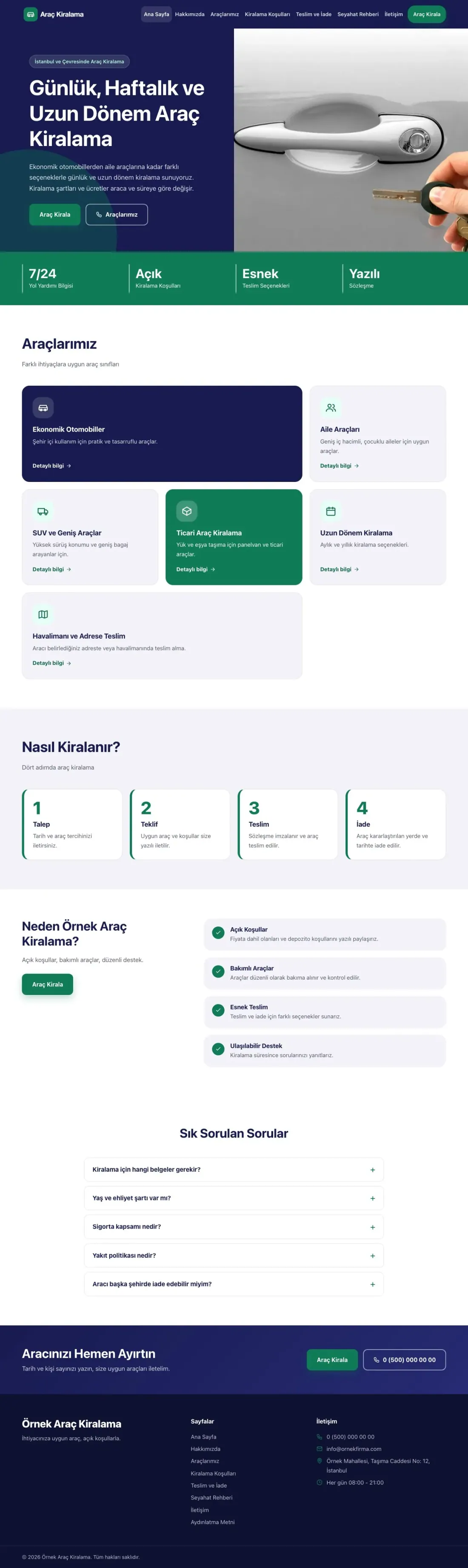 Blok Lacivert Turkuaz – Rent a Car Web Sitesi ana sayfa görünümü