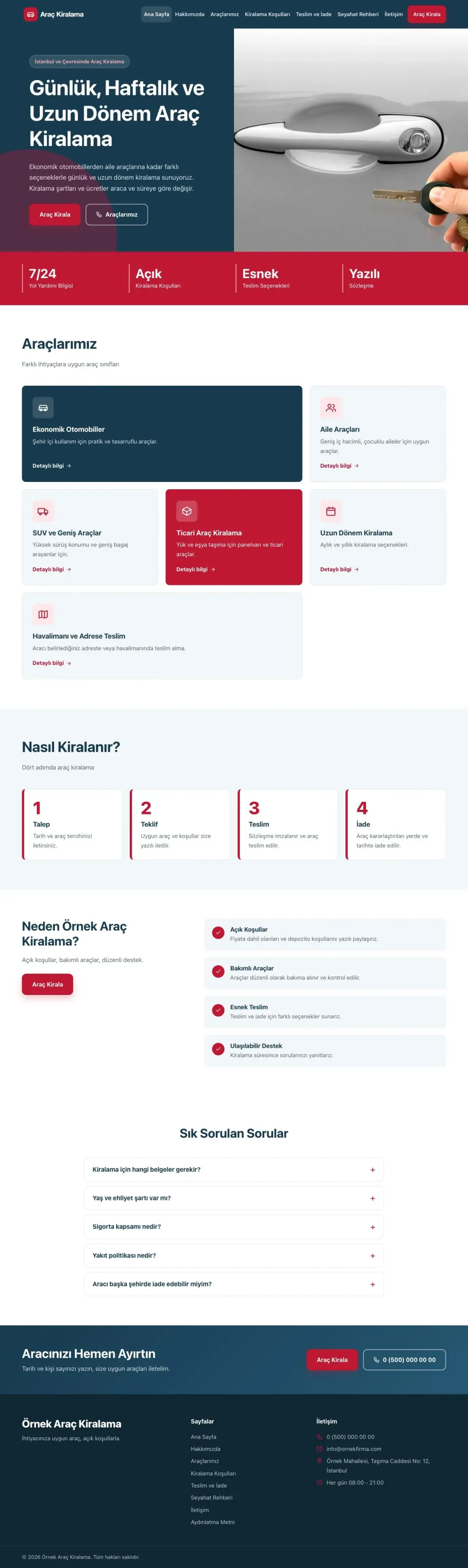 Blok Mavi Kırmızı – Rent a Car Web Sitesi ana sayfa görünümü