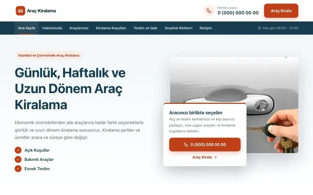 Bölünmüş Mavi Turuncu – Rent a Car Web Sitesi ana sayfa görünümü