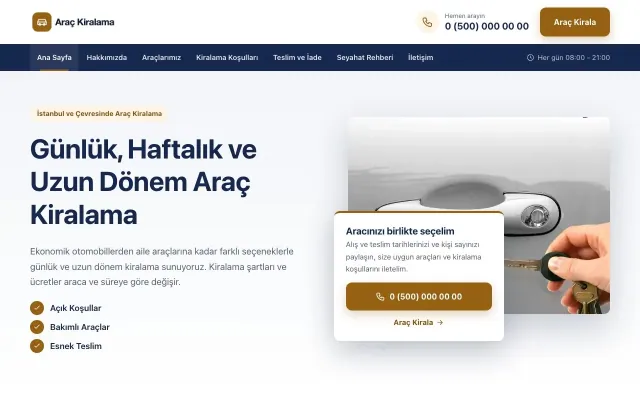 Bölünmüş Mavi Turuncu II – Rent a Car Web Sitesi ana sayfa görünümü