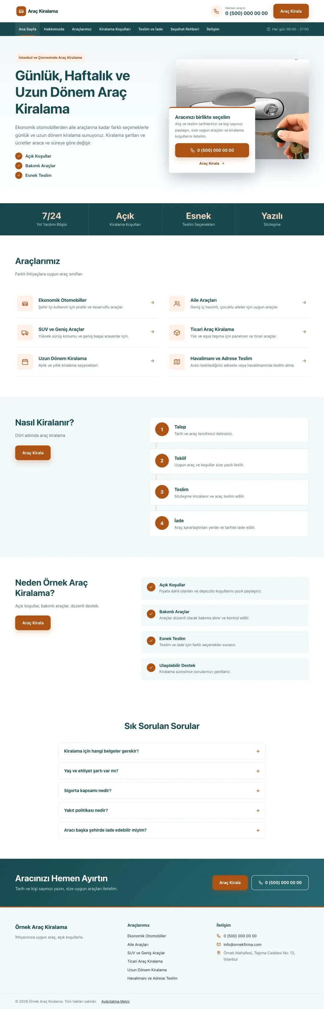 Bölünmüş Petrol Turuncu – Rent a Car Web Sitesi ana sayfa görünümü