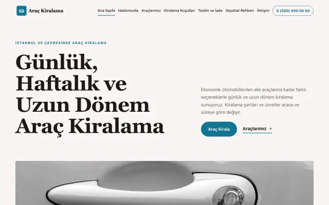 Editoryal Kahve Turkuaz – Rent a Car Web Sitesi ana sayfa görünümü