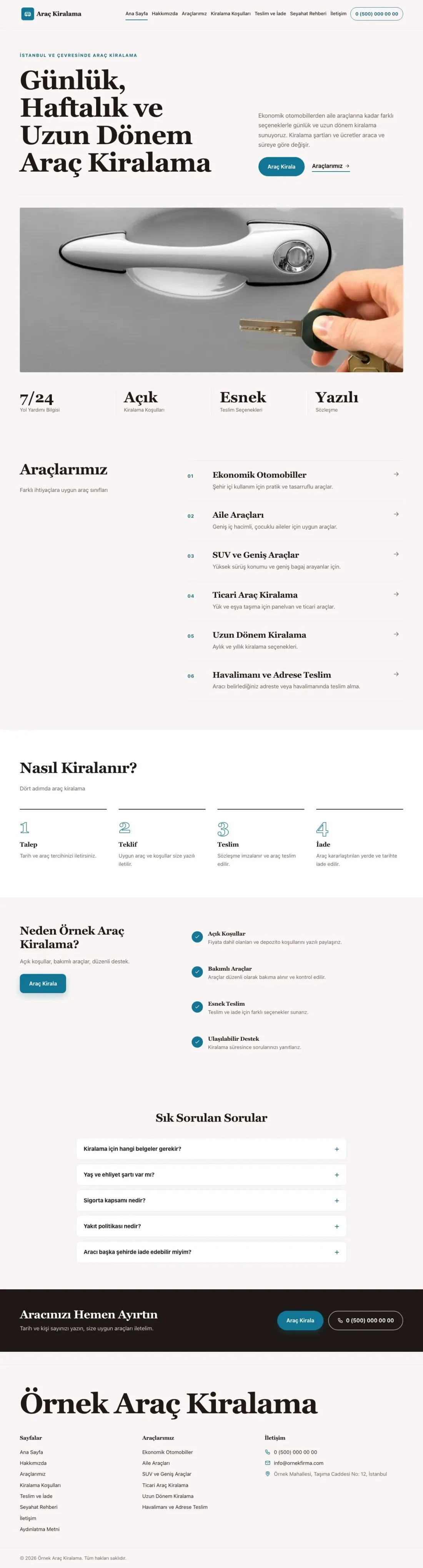 Editoryal Kahve Turkuaz – Rent a Car Web Sitesi ana sayfa görünümü