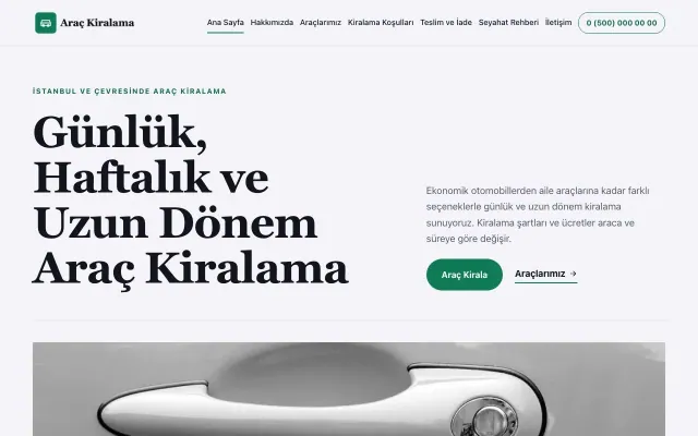 Editoryal Lacivert Turkuaz – Rent a Car Web Sitesi ana sayfa görünümü