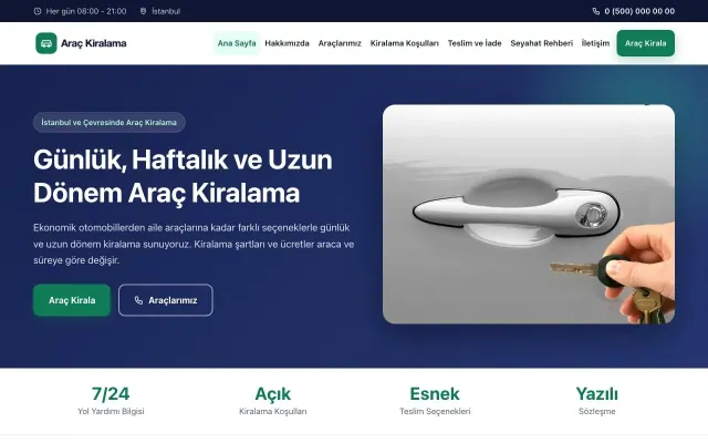 Klasik Lacivert Turkuaz – Rent a Car Web Sitesi ana sayfa görünümü