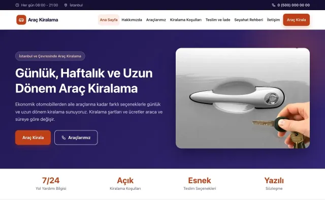 Klasik Lacivert Turuncu – Rent a Car Web Sitesi ana sayfa görünümü