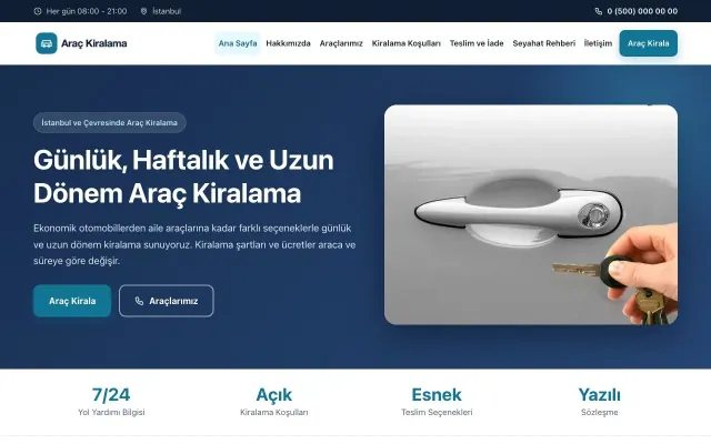 Klasik Mavi Turkuaz – Rent a Car Web Sitesi ana sayfa görünümü